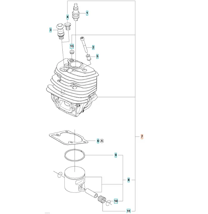 Zespół cylindra pilarki Husqvarna 545 z cylindrem, tłokiem i uszczelką, widok frontalny na białym tle, podkreślający szczegóły konstrukcji.
