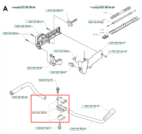 Uchwyt wykaszarki Husqvarna 142R/143R, czarny, z tworzywa, ergonomiczny, z widocznymi mocowaniami, logo i numerami części na jednolitym tle.
