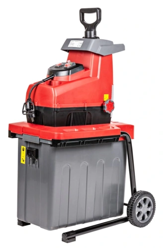 Rozdrabniacz Cedrus CEDRE01 w czerwono-czarnym kolorze, z ergonomiczną rączką, na szarej podstawie z kółkami. Ma pokrętło regulacji i przyciski, stoi na podłożu, pokazując pełny profil.