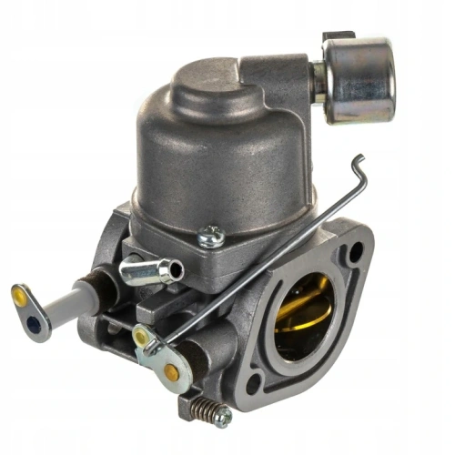 Gaźnik Intek Briggs&Stratton V-twin nr 597126 w kolorze metalicznym, widok z boku z elementami mocującymi, rurkami, złotawą przepustnicą i przyłączami na jednolitym tle.