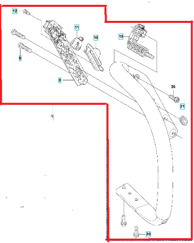 Czarny metalowy uchwyt przedni do pilarki Husqvarna 550 XP, widok z boku, z ergonomicznym kształtem, detali mocujących i numeracją, zapewniający pewny chwyt.