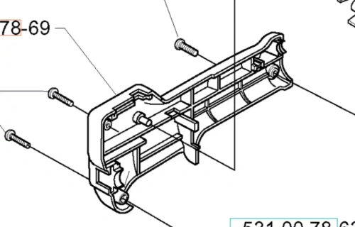 Uchwyt wykaszarki Husqvarna 143R/142R w widoku z przodu, z widocznymi elementami mocującymi i detalami konstrukcyjnymi. Biały na prostym tle, podkreślający kształt uchwytu. W dolnej części z kulistym elementem przylegającym do urządzenia.