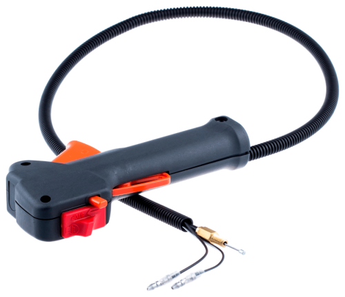 Czarny uchwyt wykaszarki Husqvarna 142 R z pomarańczowymi detalami, tylnym przyciskiem i przewodem. Widok frontalny na białym tle. Mocowania i złącza widoczne. Pasuje do systemów przycinających Husqvarna.