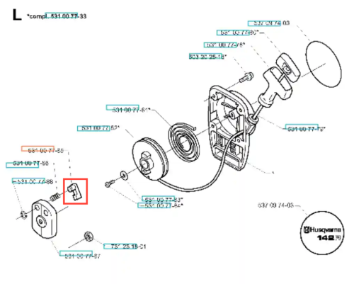 Zapadka wykaszarki 142 R Husqvarna w kolorze szarym, widoczna z przodu na schemacie technicznym. Element ma prostokątny kształt z wycięciem, umieszczony na tle innych części urządzenia. W dolnym rogu znajduje się logo Husqvarna.
