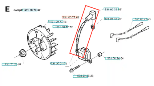Przewód wykaszarki Husqvarna 142R/152RJ z elastyczną, teksturową osłoną. Ujęcie z boku ukazuje złącze pokrywające oraz mocowanie. Tło jest proste, co podkreśla szczegóły konstrukcyjne i funkcjonalność elementu.