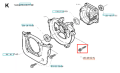 Śruba wykaszarki 142 R Husqvarna, metalowa, w kształcie cylindrycznym, z gwintem. Widoczna z boku, na schemacie montażowym. Otoczona innymi częściami urządzenia. Niezbędna do montażu wykaszarki, wskazana w kontekście konstrukcji.