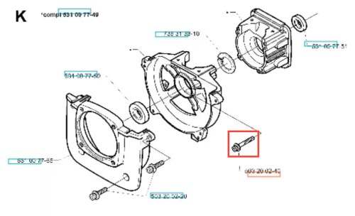 Śruba wykaszarki 142 R Husqvarna, metalowa, w kształcie cylindrycznym, z gwintem. Widoczna z boku, na schemacie montażowym. Otoczona innymi częściami urządzenia. Niezbędna do montażu wykaszarki, wskazana w kontekście konstrukcji.