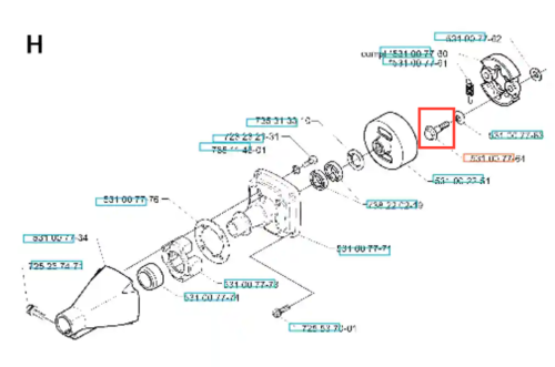 Śruba wykaszarki 142 R Husqvarna, metalowa, o cylindrycznym kształcie, widoczna w rysunku technicznym. Zbliżenie na szczegół do montażu, z wyraźnym oznaczeniem i numerami katalogowymi. Element leży na białym tle, ułatwiając identyfikację.