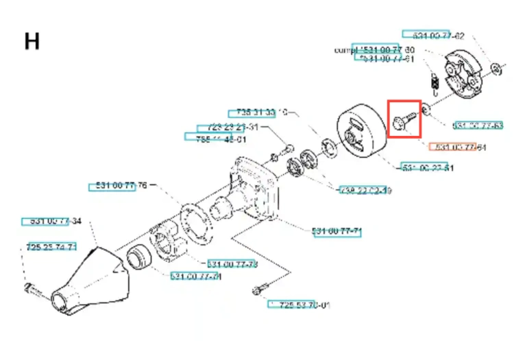 Śruba wykaszarki 142 R Husqvarna, metalowa, o cylindrycznym kształcie, widoczna w rysunku technicznym. Zbliżenie na szczegół do montażu, z wyraźnym oznaczeniem i numerami katalogowymi. Element leży na białym tle, ułatwiając identyfikację.