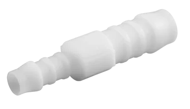 Zredukowana przejściówka PCW 12-8 mm, biała, z cylindrycznym kształtem, o gładkiej powierzchni. Ujęcie frontalne, produkt leżący na czarnym tle. Widoczny detal w postaci trzech stopniowanych przejść średnicy. Idealna do systemów rur i węży.