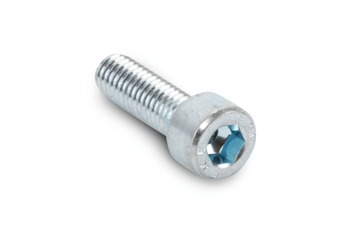 Śruba do wykaszarki 142 R Husqvarna, wykonana z metalu, o srebrzystym wykończeniu. Zbliżenie na główkę z otworem sześciokątnym. Widoczny gwint i wyraźne oznaczenia na korpusie. Produkt leży na białym tle.