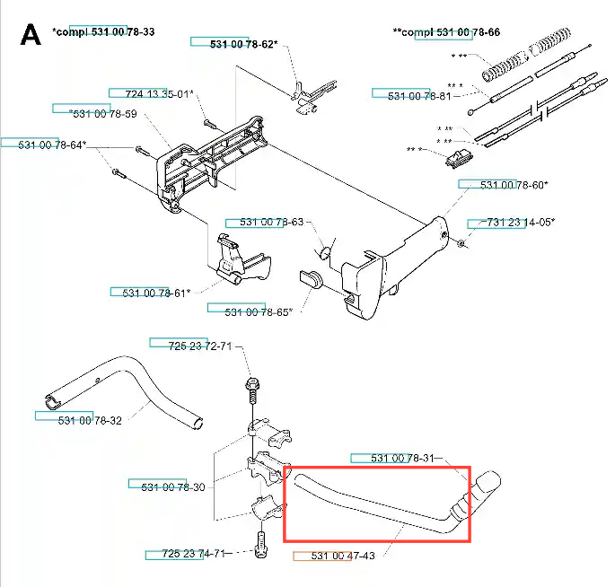 Uchwyt wykaszarki 132 R Husqvarna w kolorze czarnym, z metalowym zakończeniem, wyprofilowany w kształcie litery L. Zainstalowany w pozycji poziomej. Widoczne mocowanie oraz otwory na śruby, idealny do stabilnego użytkowania. Tło proste, białe.