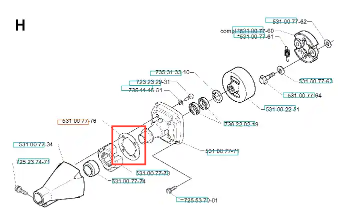 Podkładka wykaszarki 142 R Husqvarna w kolorze szarym, z okrągłym otworem w centrum. Widoczna z boku, w pozycji leżącej. Element hydrauliczny z oznaczeniami, znajdujący się w kontekście części do wykaszarki. Tło białe, proste.
