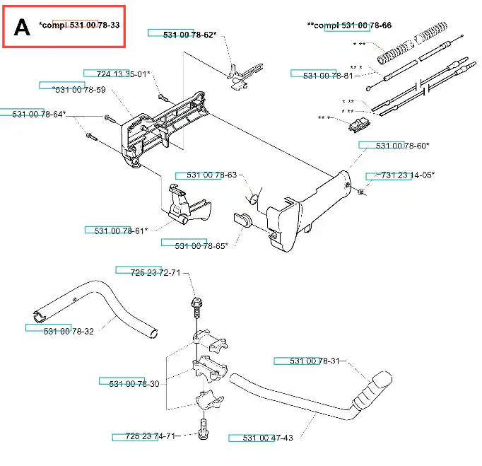 Spust przepustnicy wykaszarki Husqvarna 132 R, metalowy element w kolorze srebrnym z czarnymi detalami. Ujęcie frontalne, produkt leży płasko na białym tle. Widoczne oznaczenia i numery katalogowe. Równa, gładka powierzchnia, brak dekoracji.