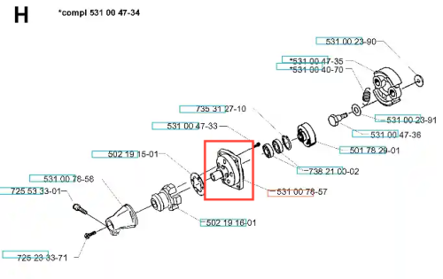 Obudowa łożyska wykaszarki 132 R Husqvarna, metalowa, w kształcie prostokąta. Widok frontalny, pokazujący otwory mocujące. Na białym tle, szczegóły techniczne czytelne. Bez widocznych napisów lub logotypów.