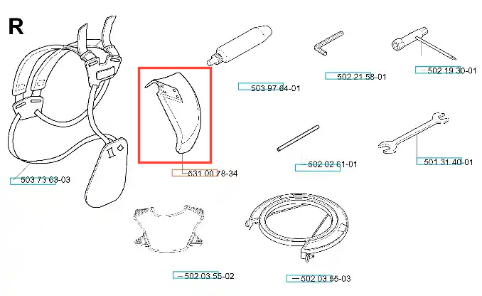 Osłona tarczy wykaszarki 132 R Husqvarna w kolorze szarym, wykonana z tworzywa sztucznego. Produkt widoczny z boku, w pionowej pozycji. Element posiada zaokrąglony kształt z wycięciem, co umożliwia łatwe montowanie. Tło proste, białe.