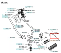 Czarna linka gazu do wykaszarki Husqvarna 120 R, wytrzymała, z mocowaniami i zakończeniem pasującym do systemu gazu, na białym tle w formacie technicznym z oznaczeniami części.