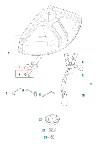 Śruba wykaszarki Husqvarna 122 R, metalowa, w kolorze srebrnym, w kształcie prostokątnym z dwiema różnymi końcówkami. Zbliżenie na detale, umieszczona na białym tle, z wyraźnymi oznaczeniami. Widoczne elementy mocujące i konstrukcyjne.