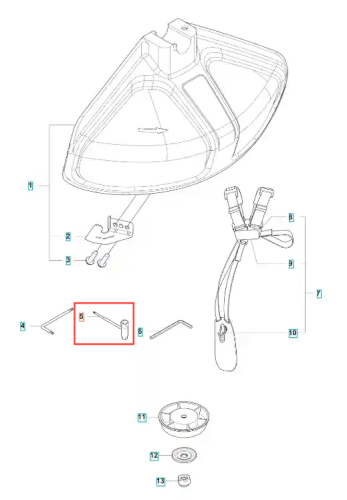 Czarne gniazdo wykaszarki Husqvarna 122 R, półkoliste, widok z góry z elementami mocującymi i otworami. Logo Husqvarna widoczne. Zestaw zawiera śruby i klucze montażowe, do użytku w ogrodnictwie.