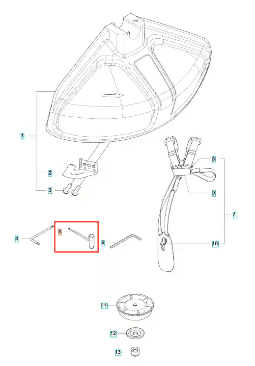 Czarne gniazdo wykaszarki Husqvarna 122 R, półkoliste, widok z góry z elementami mocującymi i otworami. Logo Husqvarna widoczne. Zestaw zawiera śruby i klucze montażowe, do użytku w ogrodnictwie.