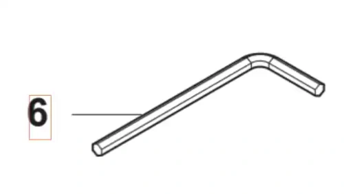 Metalowy klucz wykaszarki Husqvarna 122 R w kształcie litery L, srebrny. Obok klucza widoczny numer 6. Zdjęcie frontalne z minimalnym tłem podkreślającym narzędzie ogrodowe.