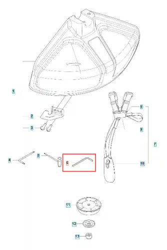 Klucz wykaszarki 122 R Husqvarna, metalowy, prosty, zagięty na końcu. Ułożony poziomo, w zbliżeniu, widoczne detale kształtu. Tło białe, co podkreśla produkt. Wymiar klucza istotny dla użytkowników narzędzi ogrodowych.