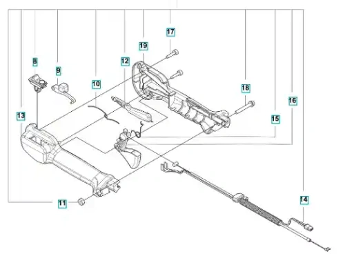 Zespół przepustnicy wykaszarki 122 R Husqvarna w widoku z góry na rozłożonym schemacie. Elementy: uchwyty, mechanizm, węże, klucze, oznaczenia numerów części. Proste, białe tło.