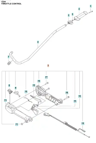 Zespół przepustnicy wykaszarki Husqvarna 122 R, z metalowymi rurami i mocowaniem, układ rozłożony, widok z góry. Różne kształty elementów, rura wygięta, numery części widoczne u góry.