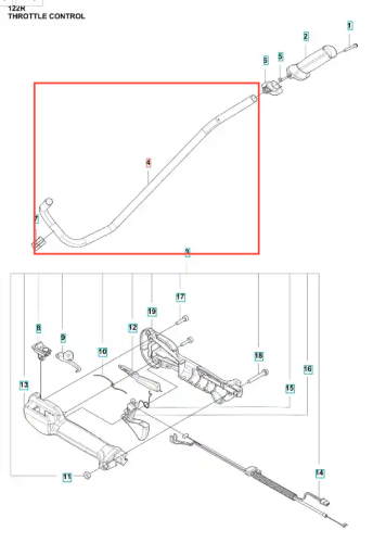 Uchwyt wykaszarki 122 R Husqvarna, z bliska, na białym tle. Widoczny plastikowy uchwyt w czarnym kolorze, z metalowymi elementami mocującymi, ergonomiczny kształt. Zawiera widoczne napisy i logo Husqvarna. Złożony i gotowy do montażu.