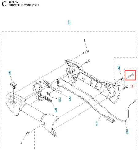 Śruba itxsc 122 LD wykaszarki Husqvarna, metalowa, w kształcie cylindrycznym, z gwintem na całej długości. Produkt przedstawiony w zbliżeniu, na jednolitym tle. Widoczne oznaczenia oraz numer katalogowy na końcu śruby.