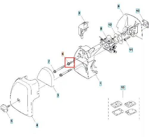 Śruba itxsct wykaszarki 122 C Husqvarna, metalowa, mała, z wyraźnymi gwintami. Ujęcie z boku, w zbliżeniu na detal, pokazujące mocowanie. Element przeznaczony do montażu, idealny do użycia w narzędziach ogrodniczych.