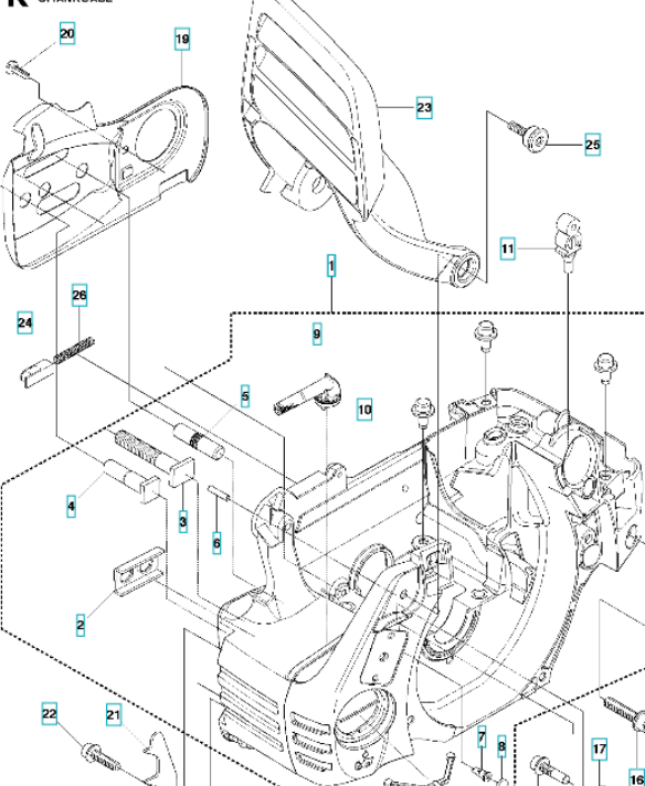 Zespół skrzyni korbowej pilarki Husqvarna 435 II, 440 II z korpusem silnika, chłodnicą, uchwytem i metalowymi elementami montażowymi w neutralnej kolorystyce. Wysoka jakość i szczegółowe wejścia przewodów.