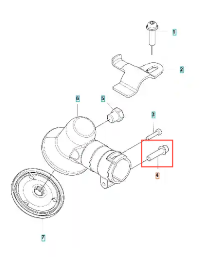 Śruba wykaszarki Husqvarna 122 R, metalowa, posiada cylindryczny kształt, z gwintem widocznym na całej długości. Produkt ukazany w zbliżeniu, w kontekście mechanizmu wykaszarki. Tło proste, białe, co ułatwia identyfikację elementu.