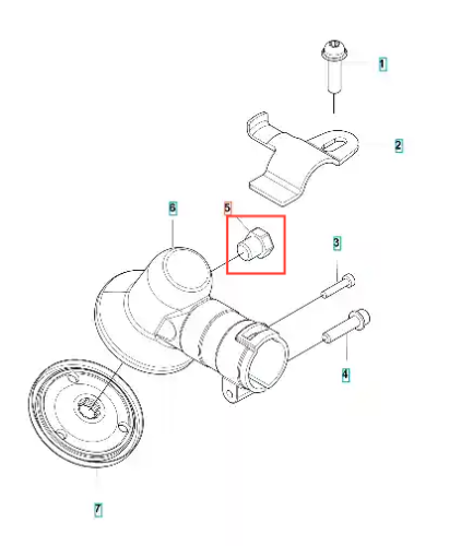 Korek do wykaszarki Husqvarna 122 R, o kształcie cylindrycznym, wykonany z tworzywa sztucznego, z widocznymi nitami. Ujęcie z boku, z detalem na gwint i montaż. Produkt znajduje się na białym tle, co podkreśla jego szczegóły konstrukcyjne.