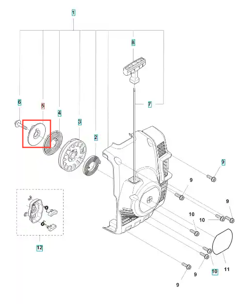 Napęd rozrusznika do wykaszarki Husqvarna 122 R w kolorze srebrnym, o okrągłym kształcie, z widocznym otworem montażowym. Ujęcie z boku, na jednolitym tle, skupia się na detalu produktu, bez dodatkowych akcesoriów.