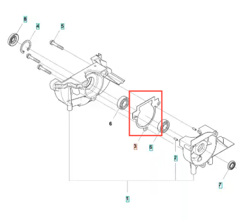 Czarna gumowa uszczelka pierścieniowa do skrzyni korbowej wykaszarki Husqvarna 122 R. Zbliżenie na fakturę i kształt, widoczne oznaczenia numerów części podczas montażu.