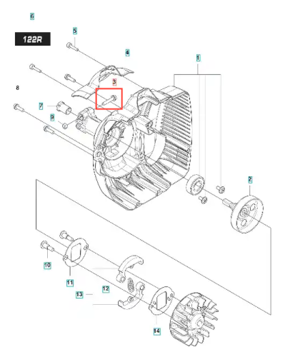 Śruba sprzęgła wykaszarki 122 R Husqvarna, metalowa, o prostokątnym kształcie. Uchwycona w zbliżeniu z bocznej strony na białym tle. Widoczne gwinty oraz precyzyjny detal wykonania. Produkt stanowi element montażowy do wykaszarek.