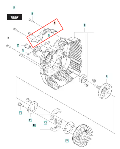 Osłona sprzęgła wykaszarki 122 R Husqvarna w kolorze ciemnoszarym, wydobyta z układanki technicznej. Element posiada gładką powierzchnię, jest złożony, widoczny w perspektywie frontalnej. Oznaczenia i numery na schemacie są wyraźne i czytelne.