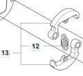 Rysunek zespołu sprzęgła wykaszarki Husqvarna 122 R pokazuje sprężynę i dwa zaciski z boku na białym tle, z oznaczeniami części 12 i 13 oraz charakterystycznymi uchwytami.