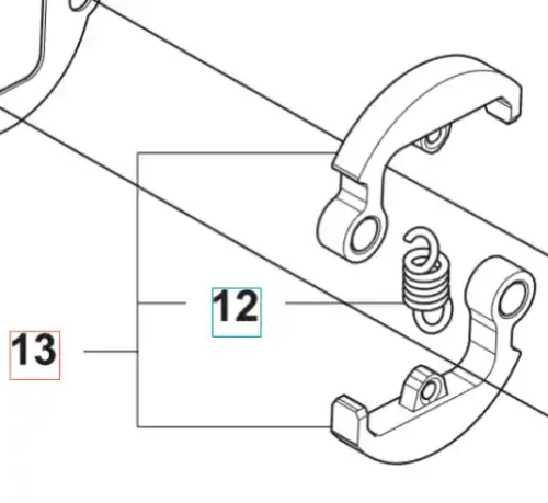 Rysunek zespołu sprzęgła wykaszarki Husqvarna 122 R pokazuje sprężynę i dwa zaciski z boku na białym tle, z oznaczeniami części 12 i 13 oraz charakterystycznymi uchwytami.