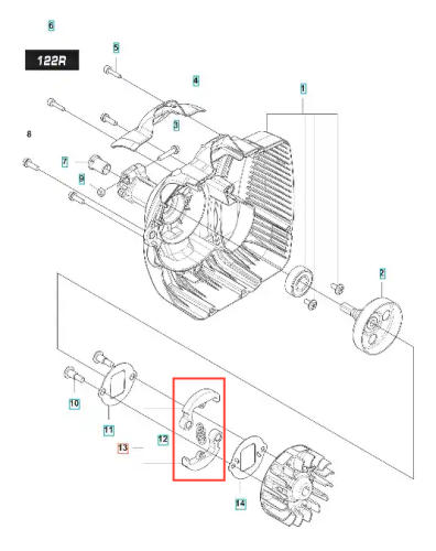 Metalowy zespół sprzęgła wykaszarki Husqvarna 122 R, miseczkowaty kształt z uchwytem, srebrno-szary kolor, frontalne zbliżenie na detale mocowania na jednolitym tle.