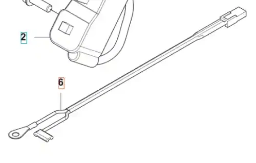 Przewód zwarciowy wykaszarki Husqvarna 122 R, plastikowy, prosty z okrągłym mocowaniem, zagiętą końcówką i prostym trzpieniem, płasko ułożony z numeracyjnymi oznaczeniami.