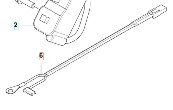 Przewód zwarciowy wykaszarki Husqvarna 122 R, plastikowy, prosty z okrągłym mocowaniem, zagiętą końcówką i prostym trzpieniem, płasko ułożony z numeracyjnymi oznaczeniami.