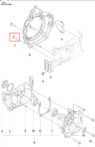 Śruba wału wykaszarki 143 RS Husqvarna, metalowa, o cylindrycznym kształcie z gwintem. Widoczna z boku w schemacie montażowym, podkreślona czerwonym prostokątem. Prosta faktura, bez dodatkowych oznaczeń. Idealna do mocowania części urządzenia.