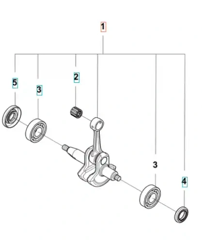 Wał korbowy wykaszarki Husqvarna 122 R z metalowym korpusem, głównym elementem w kształcie litery S. Widoczne łożyska i śruby mocujące. Element pokazany z boku, z otworem na końcu. Części w kolorze srebrnym i czarnym, na białym tle.