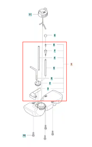 Zbiornik paliwa do wykaszarki Husqvarna 122 R. Okrągły kształt, kolor czarny z widocznym miejscem na wlew i mocowaniami. Ujęcie z przodu, w orientacji poziomej. Elementy montażowe i szczegóły konstrukcyjne widoczne na rysunku.