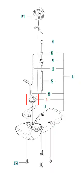 Pierścień uszczelniający wykaszarki 122 R Husqvarna, okrągły element o średnicy około 5 cm, wykonany z czarnego tworzywa. Widoczny na ilustracji w zestawieniu części, obok głównych komponentów urządzenia, w pozycji montażowej.