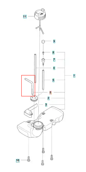 Przewód paliwowy do wykaszarki Husqvarna 122 R, wykonany z elastycznego, czarnego materiału. Zagięty kształt, widoczne otwory mocujące. Zestaw części, na białym tle, wyraźnie pokazujący szczegóły montażowe, z numeracją elementów.