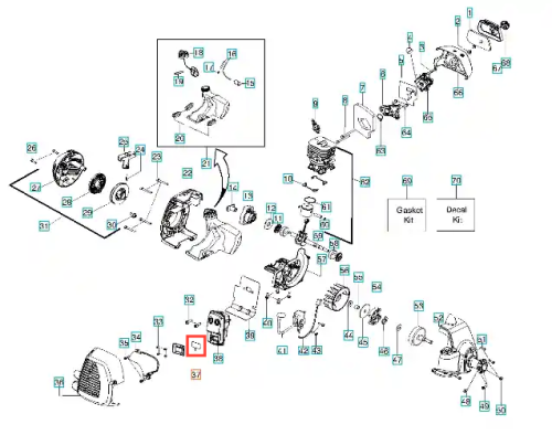 Ekran wykaszarki Husqvarna 124 R w wytrzymałym, czarnym tworzywie. Zestaw mocujących śrub. Widok frontalny z detalami mocowania. Ekran z logo Husqvarna, otwarty w celu prezentacji wnętrza. Idealny do zamontowania w wykaszarce.