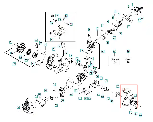 Obudowa wentylatora wykaszarki 124 R Husqvarna, czarna, z detalami i otworami montażowymi, z tworzywa matowego, widok izometryczny ukazujący kształt i połączenia.